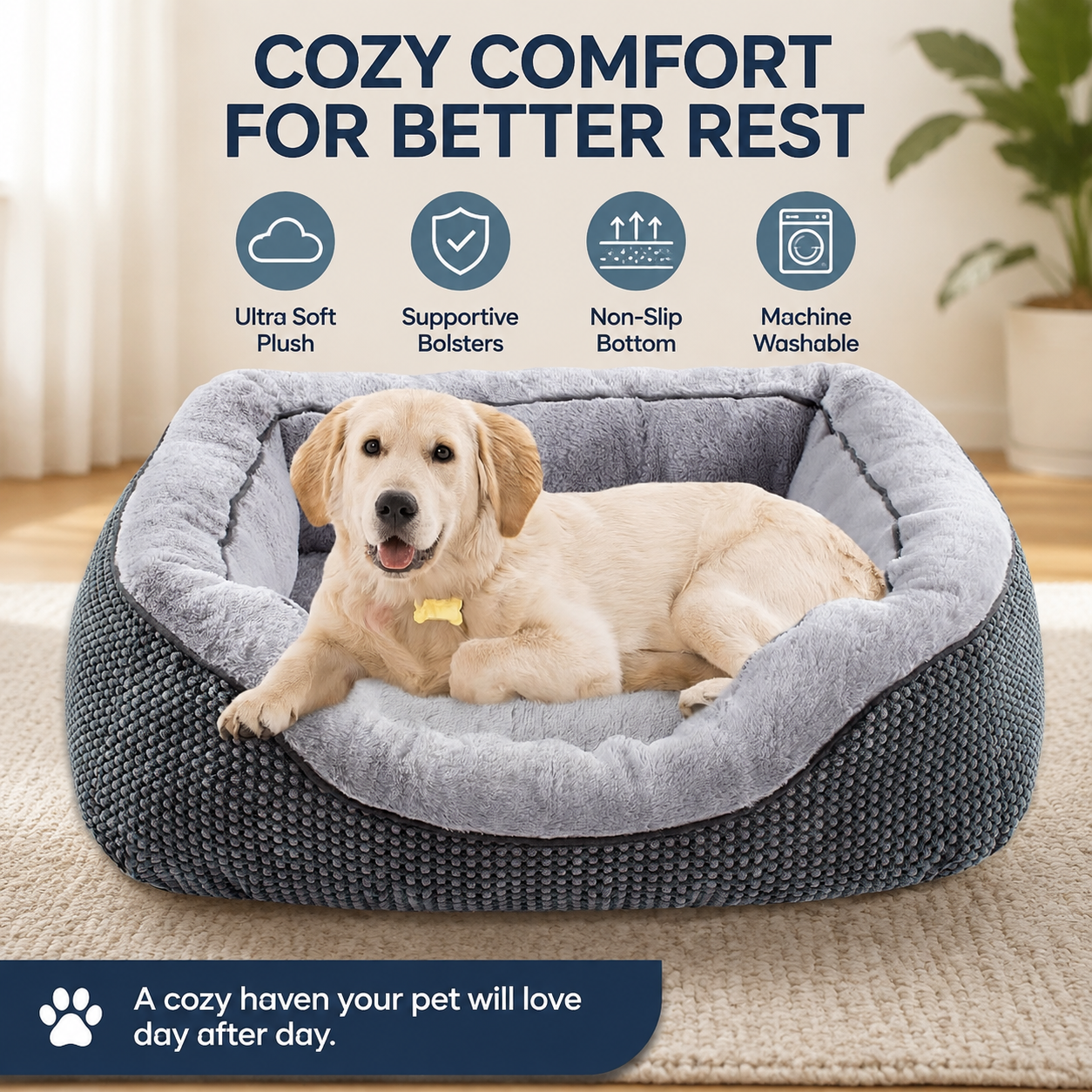 Medium Dog Bed with Raised Sides – 30" x 24" Washable Pet Bed