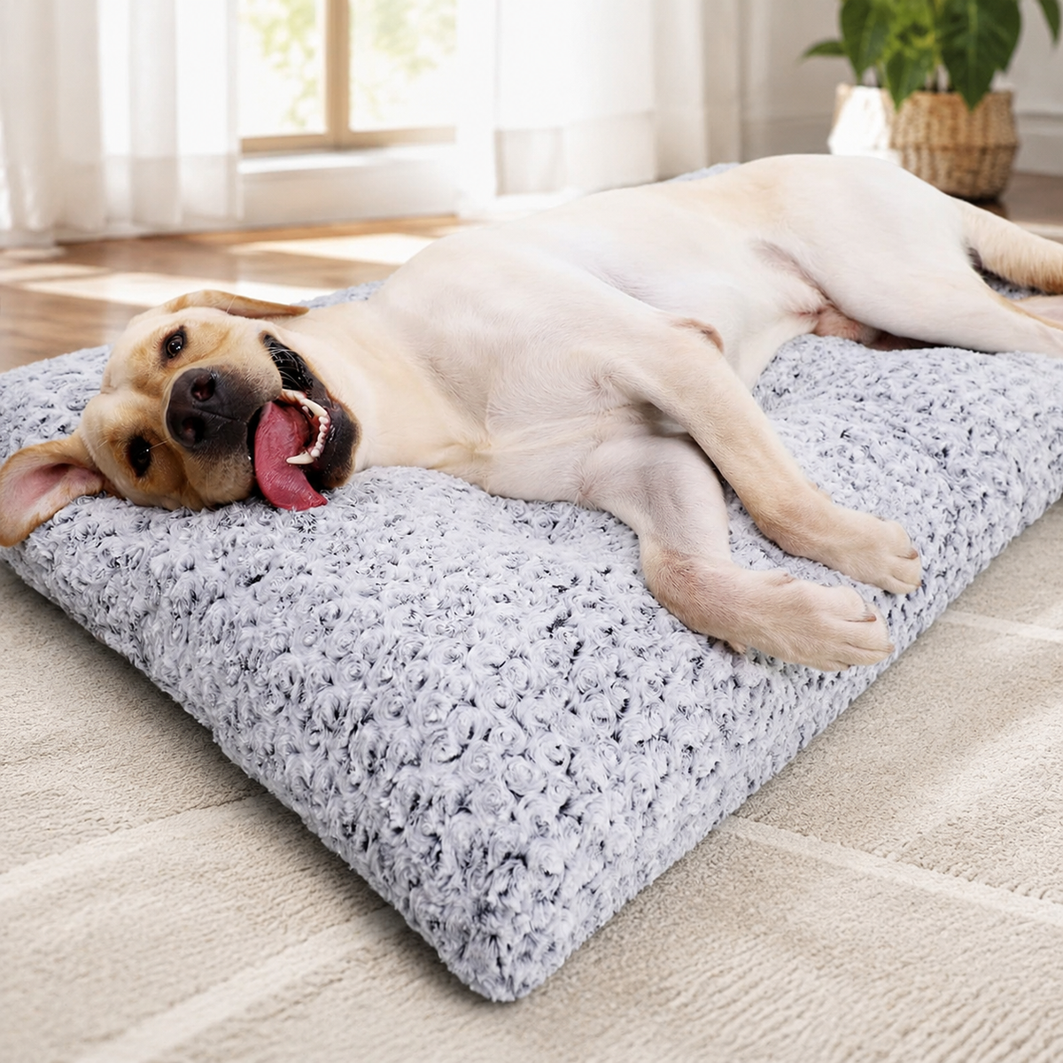 41" Washable Large Dog Bed – Soft Plush Crate Mat with Non-Slip Bottom, Gray