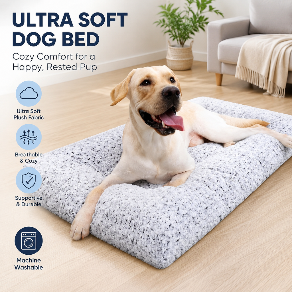 41" Washable Large Dog Bed – Soft Plush Crate Mat with Non-Slip Bottom, Gray
