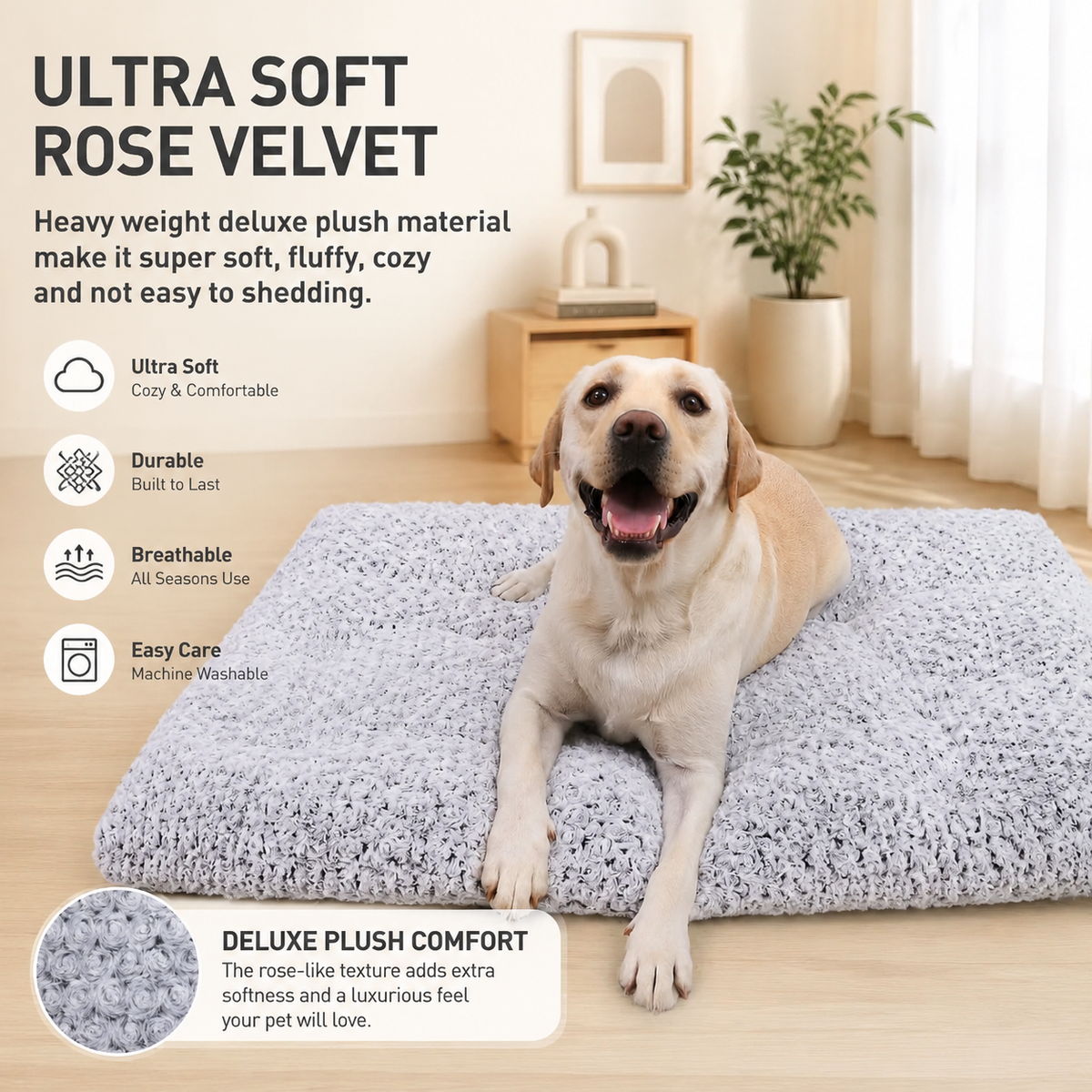 41" Washable Large Dog Bed – Soft Plush Crate Mat with Non-Slip Bottom, Gray