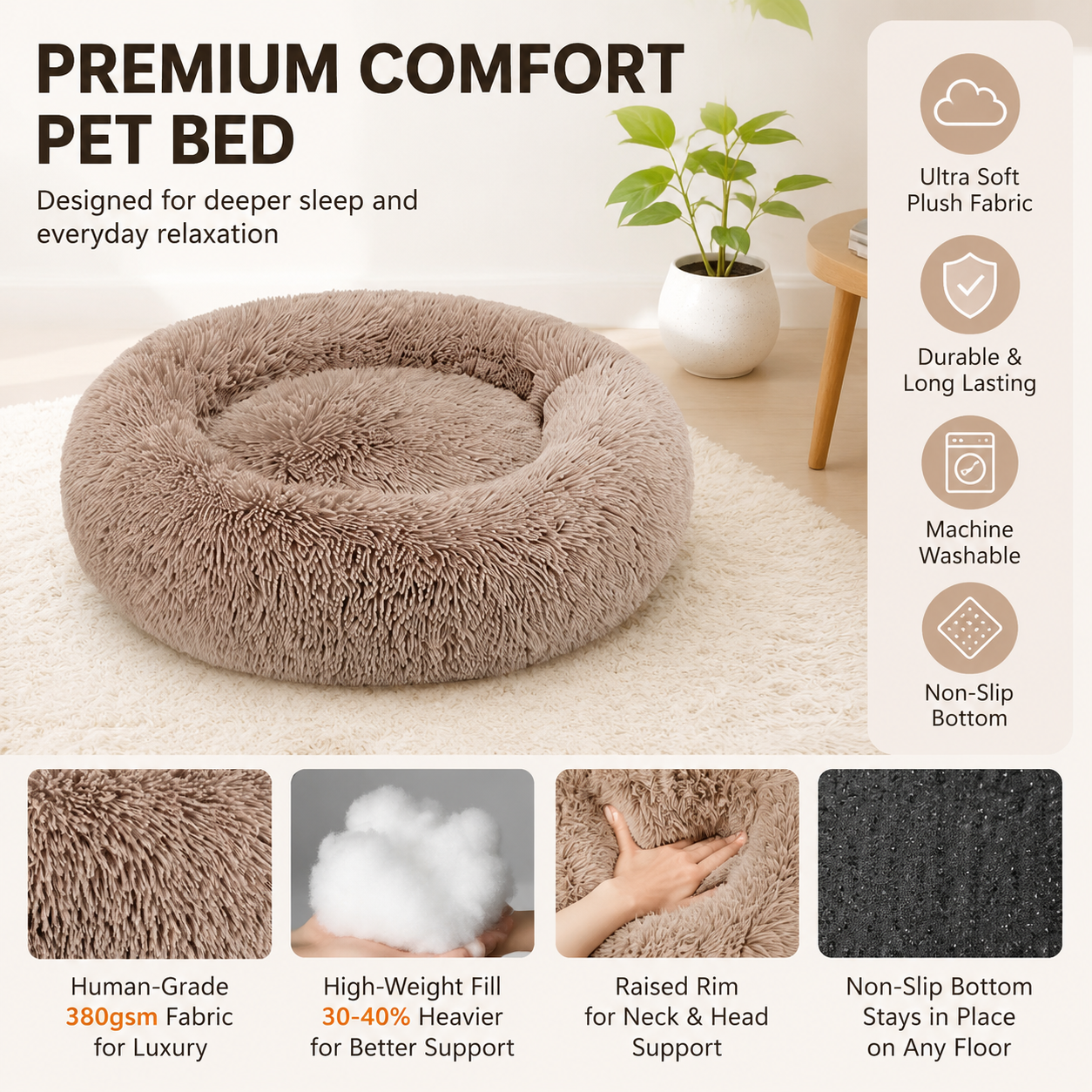 23" Round Donut Dog Bed – Plush Washable Pet Bed for Dogs & Cats