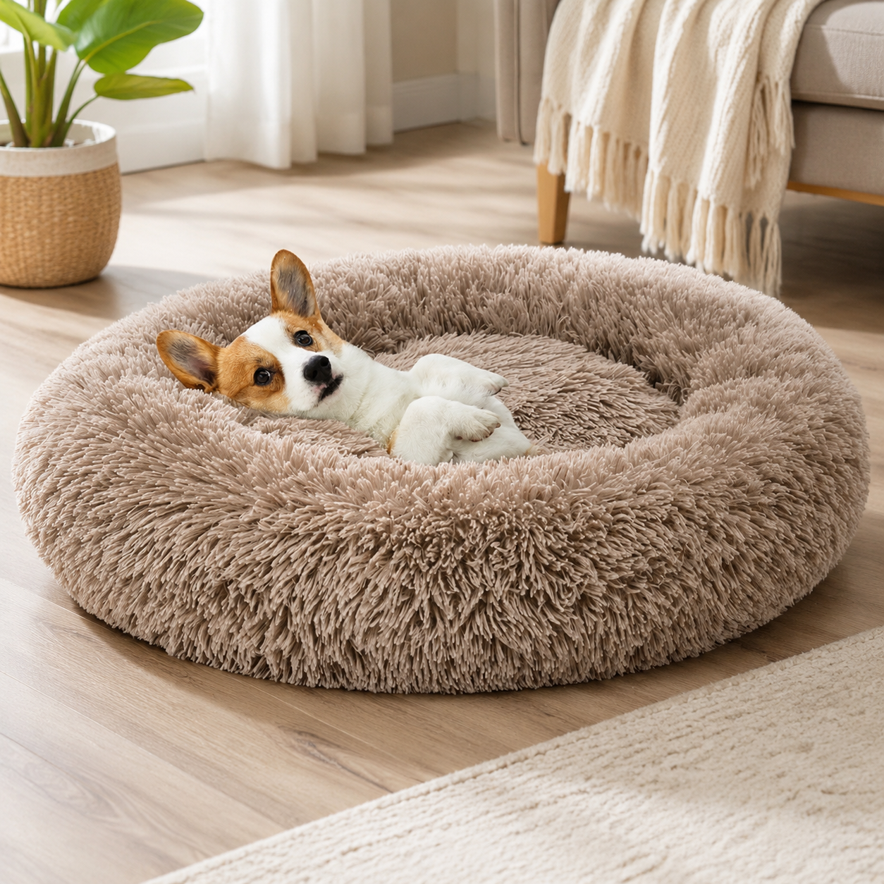 23" Round Donut Dog Bed – Plush Washable Pet Bed for Dogs & Cats