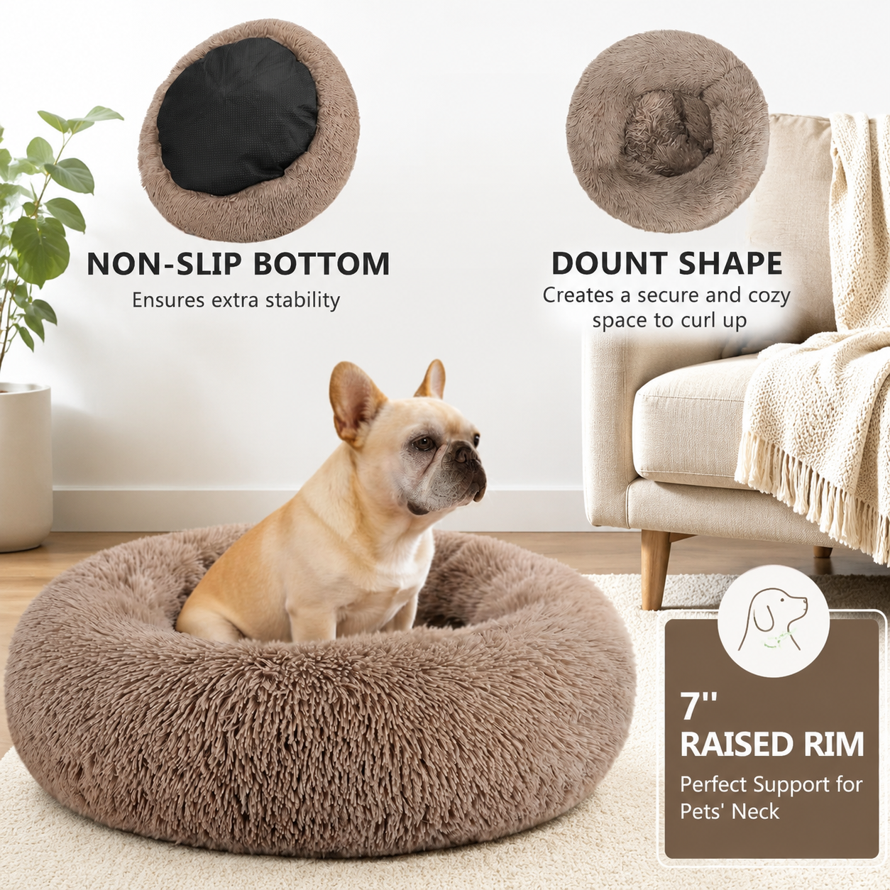 23" Round Donut Dog Bed – Plush Washable Pet Bed for Dogs & Cats