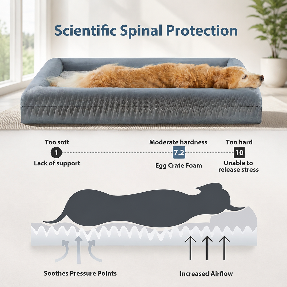 Extra Large Dog Bed with Bolsters – Egg Crate Foam Pet Bed with Waterproof Lining