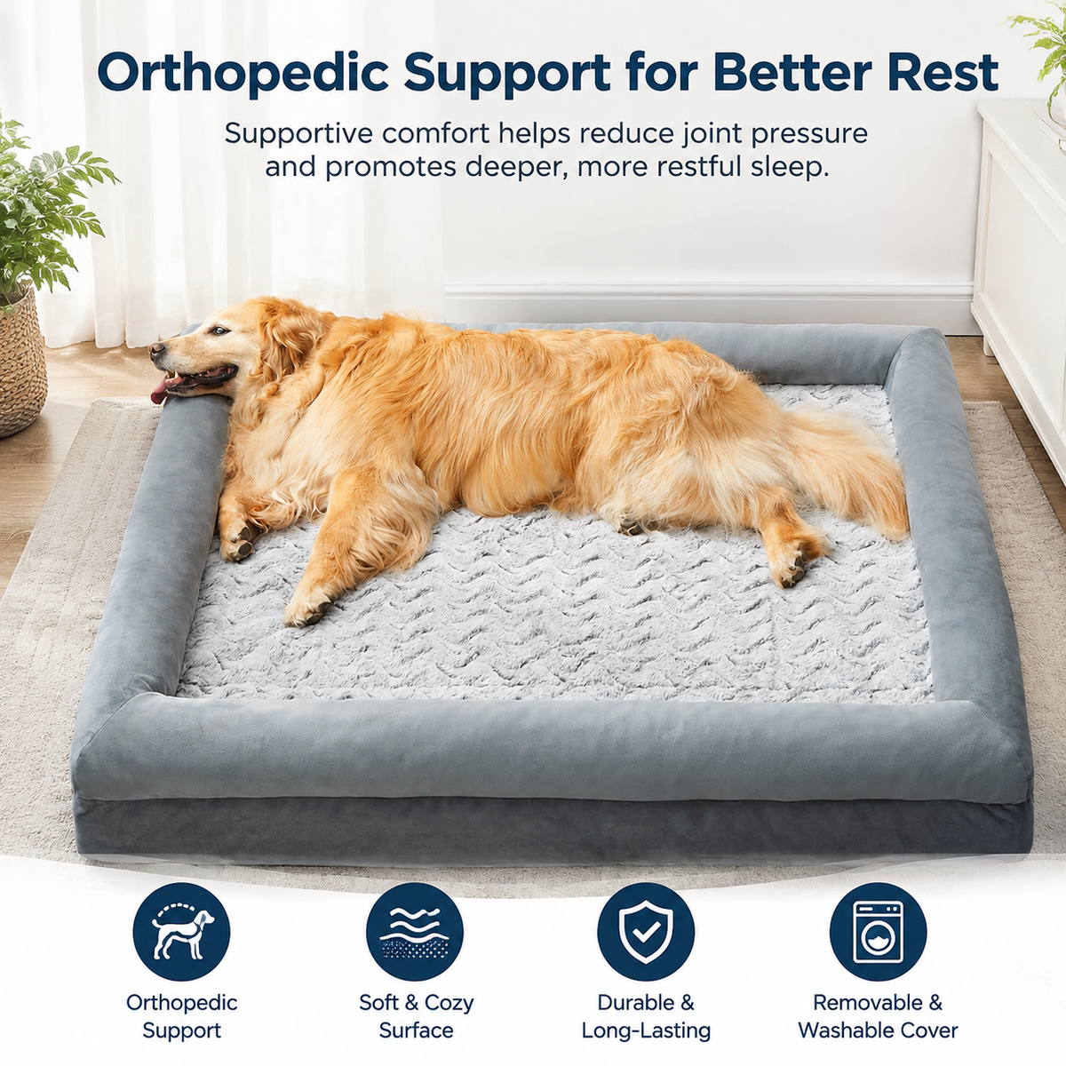 Extra Large Dog Bed with Bolsters – Egg Crate Foam Pet Bed with Waterproof Lining