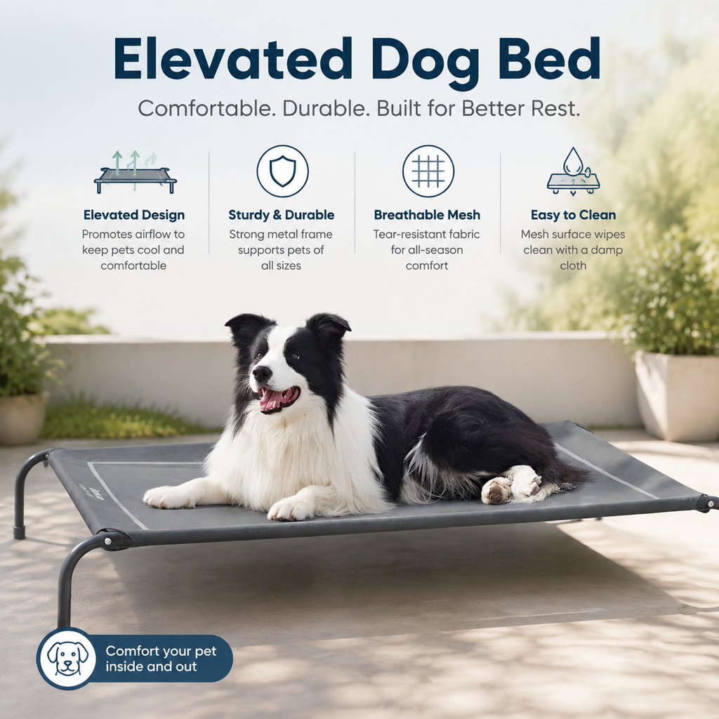 49" Large Elevated Cooling Dog Bed – Breathable Raised Outdoor Pet Cot, Grey