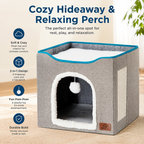 Indoor Cat House Bed with Scratch Pad & Fluffy Ball – Grey