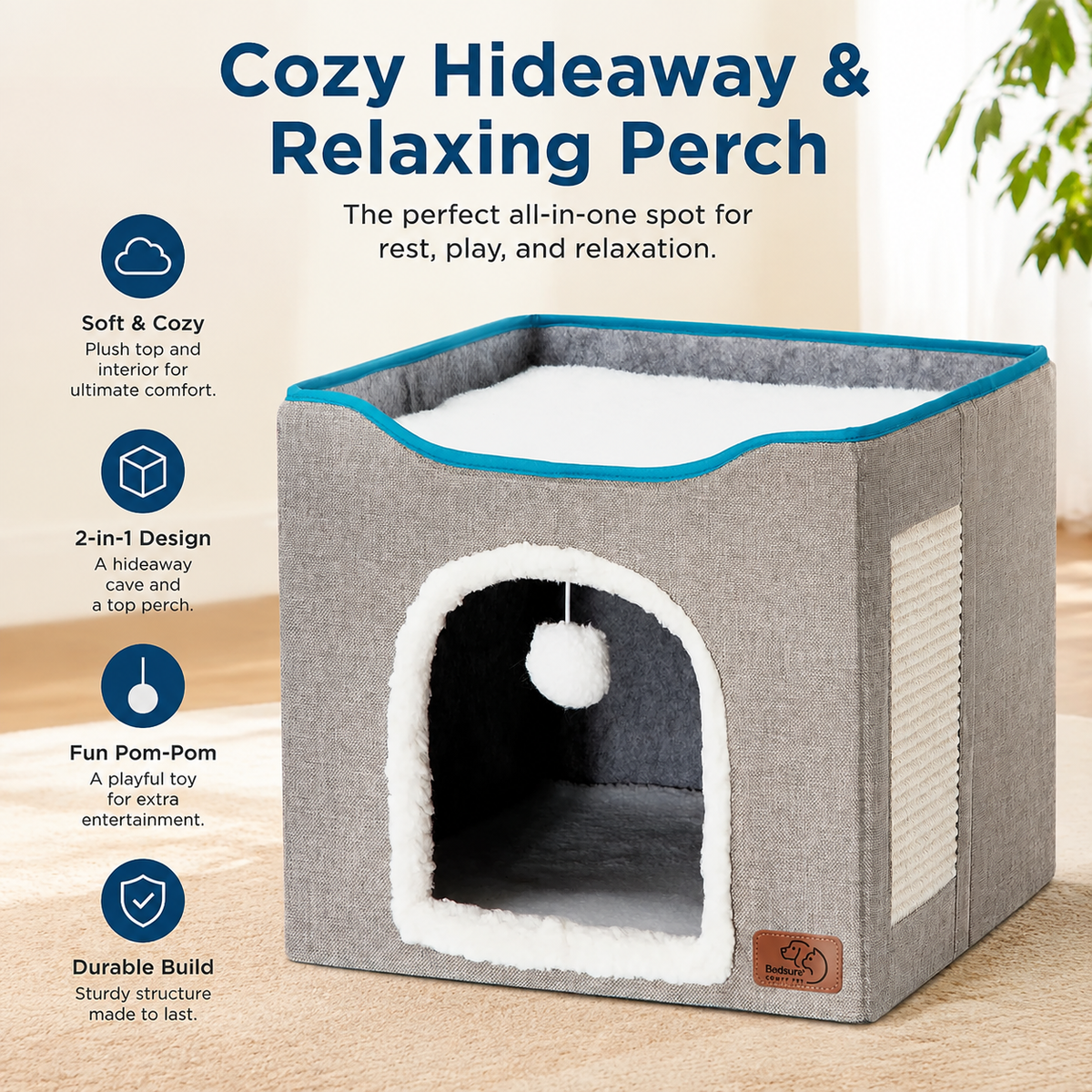 Indoor Cat House Bed with Scratch Pad & Fluffy Ball – Grey