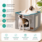Indoor Cat House Bed with Scratch Pad & Fluffy Ball – Grey