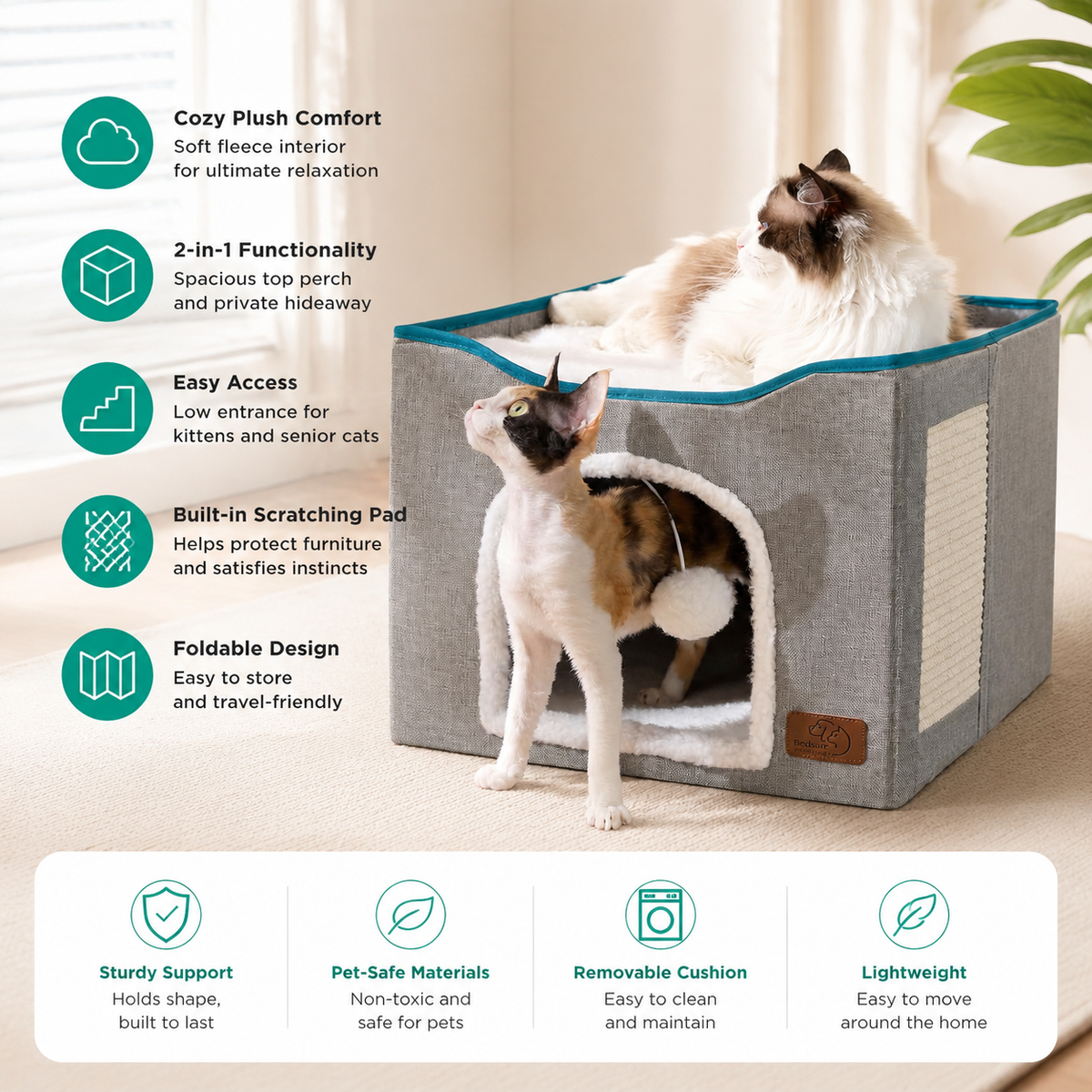 Indoor Cat House Bed with Scratch Pad & Fluffy Ball – Grey