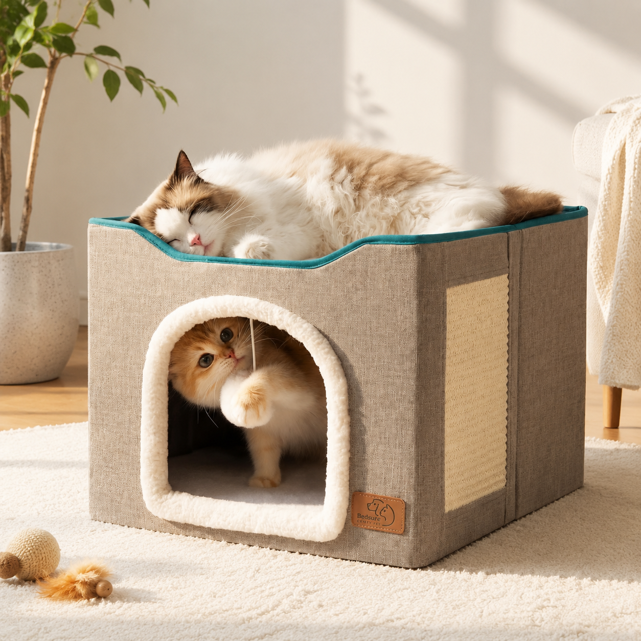 Indoor Cat House Bed with Scratch Pad & Fluffy Ball – Grey