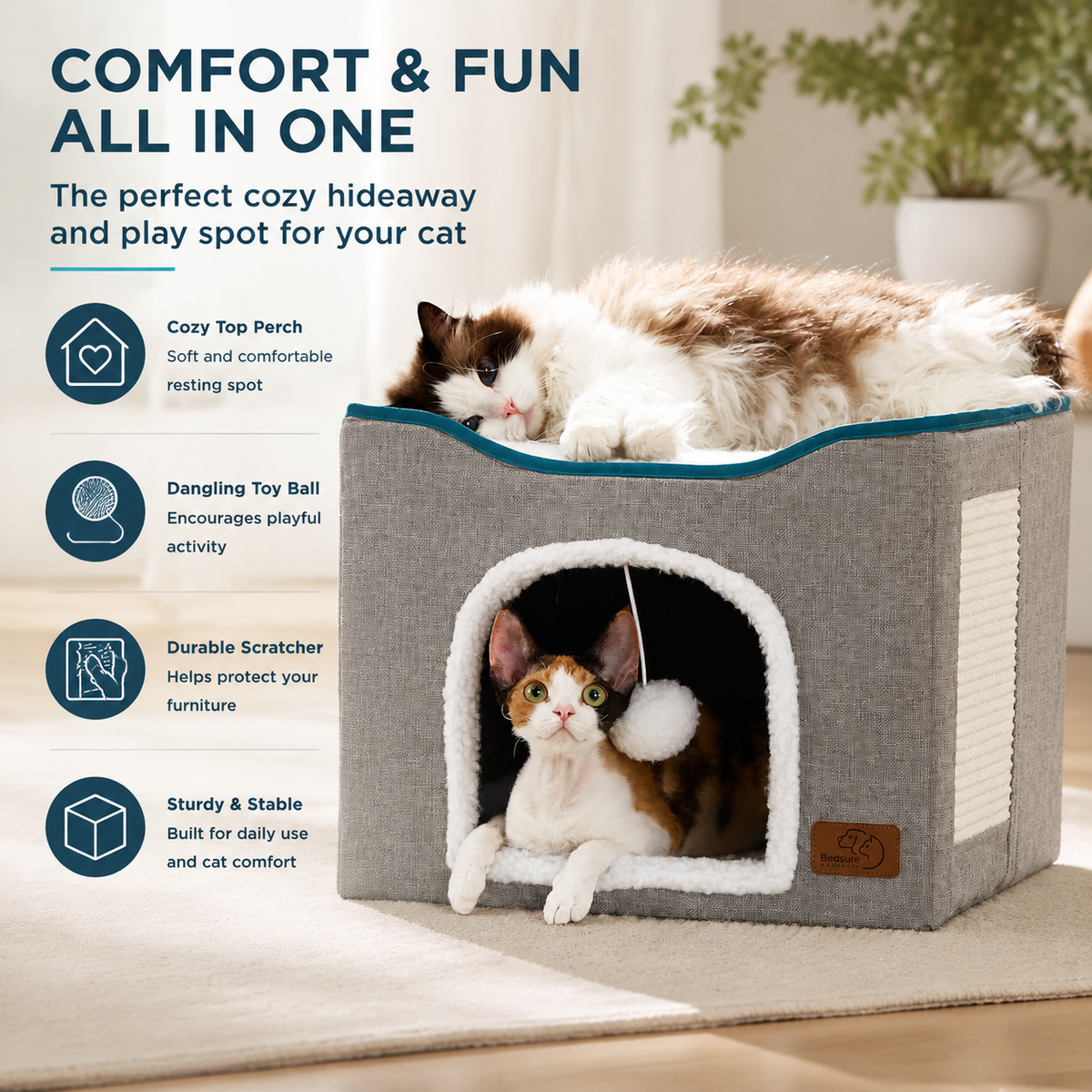 Indoor Cat House Bed with Scratch Pad & Fluffy Ball – Grey