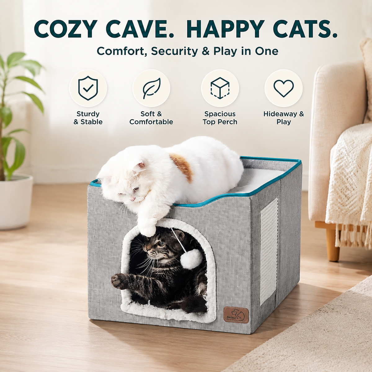 Indoor Cat House Bed with Scratch Pad & Fluffy Ball – Grey