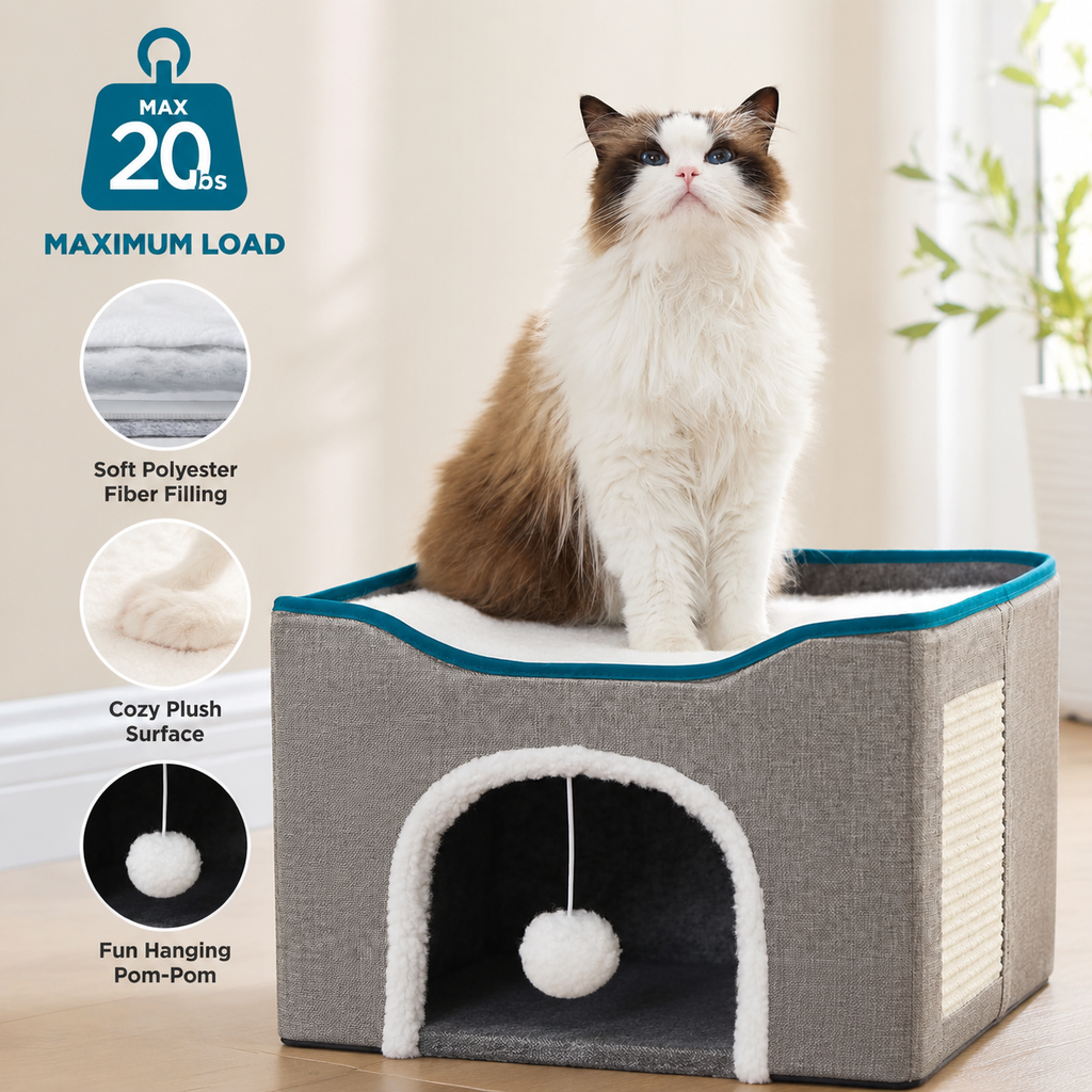 Indoor Cat House Bed with Scratch Pad & Fluffy Ball – Grey