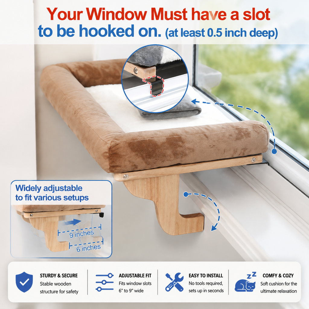 Cat Window Perch with Bolsters – Large 24" Windowsill Cat Bed
