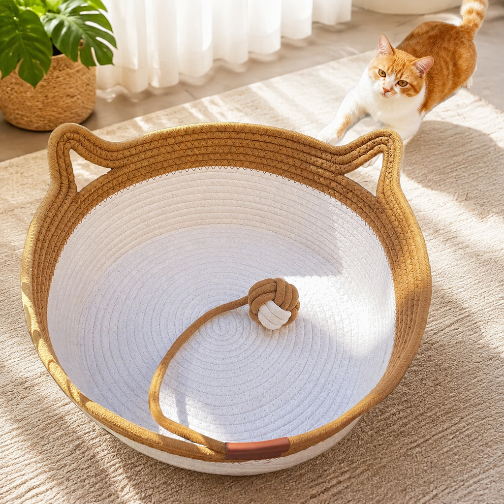 Large Handwoven Cat Basket Bed – Natural Fiber Woven Bed for Indoor Cats