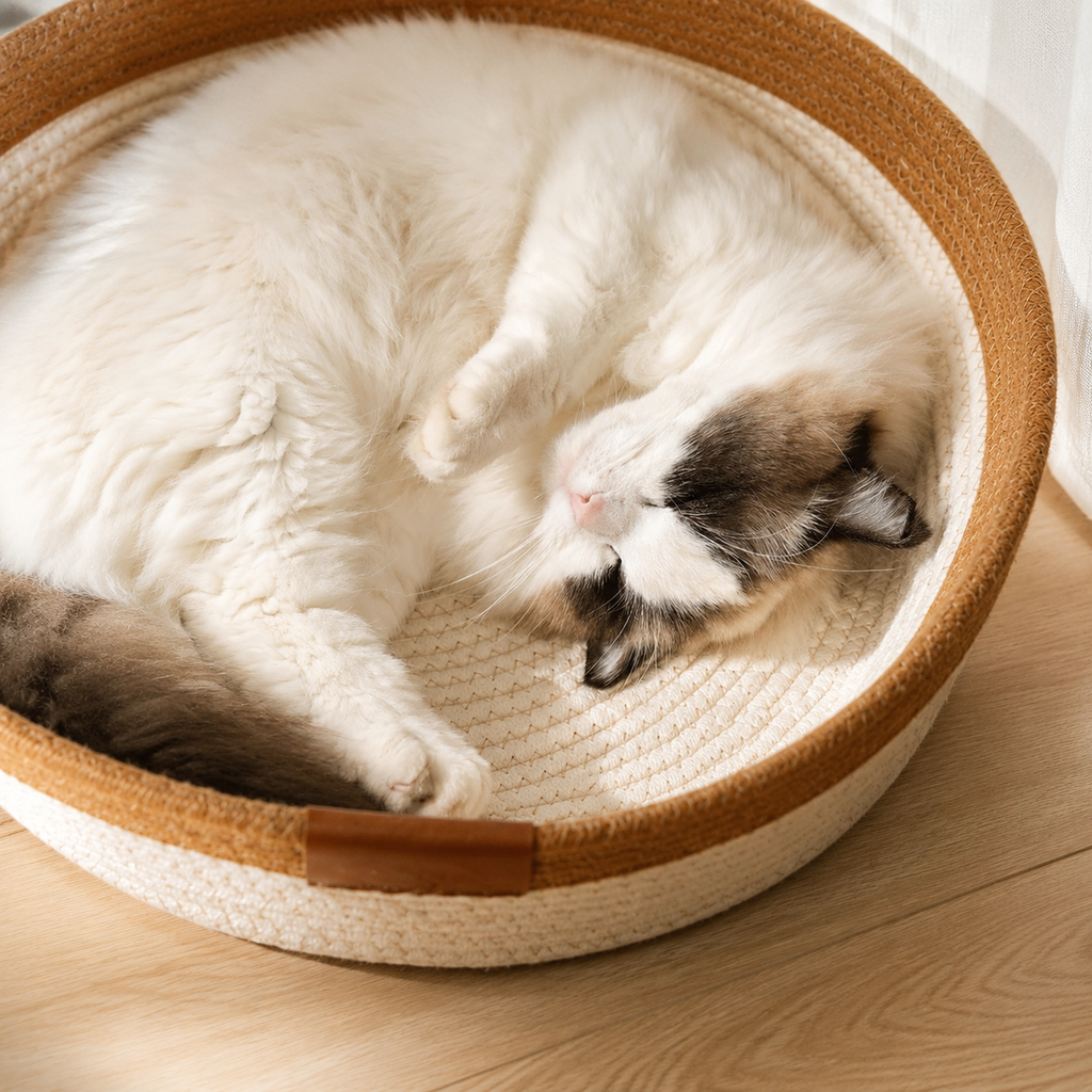 Large Handwoven Cat Basket Bed – Natural Fiber Woven Bed for Indoor Cats