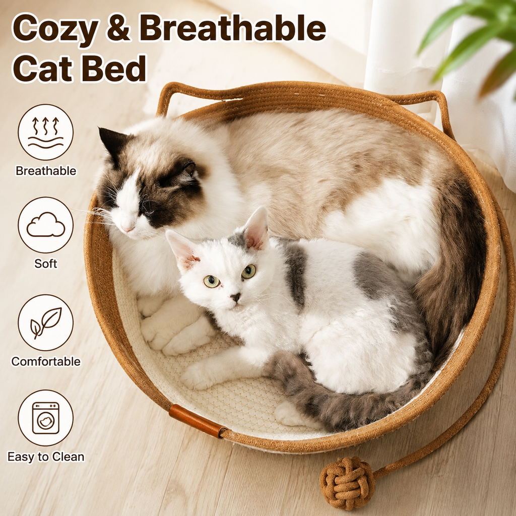Large Handwoven Cat Basket Bed – Natural Fiber Woven Bed for Indoor Cats