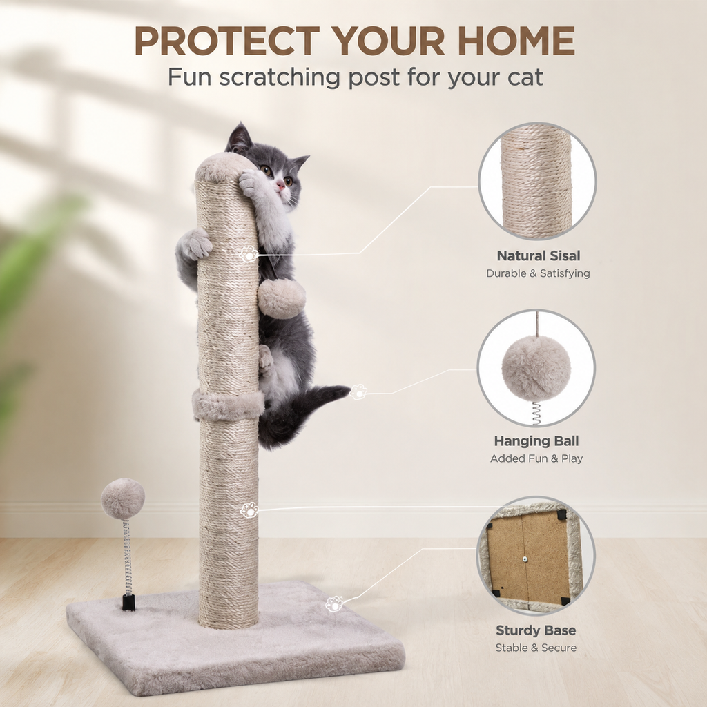 Cat Scratching Post for Kittens – Sisal Scratcher with Hanging Ball, Beige