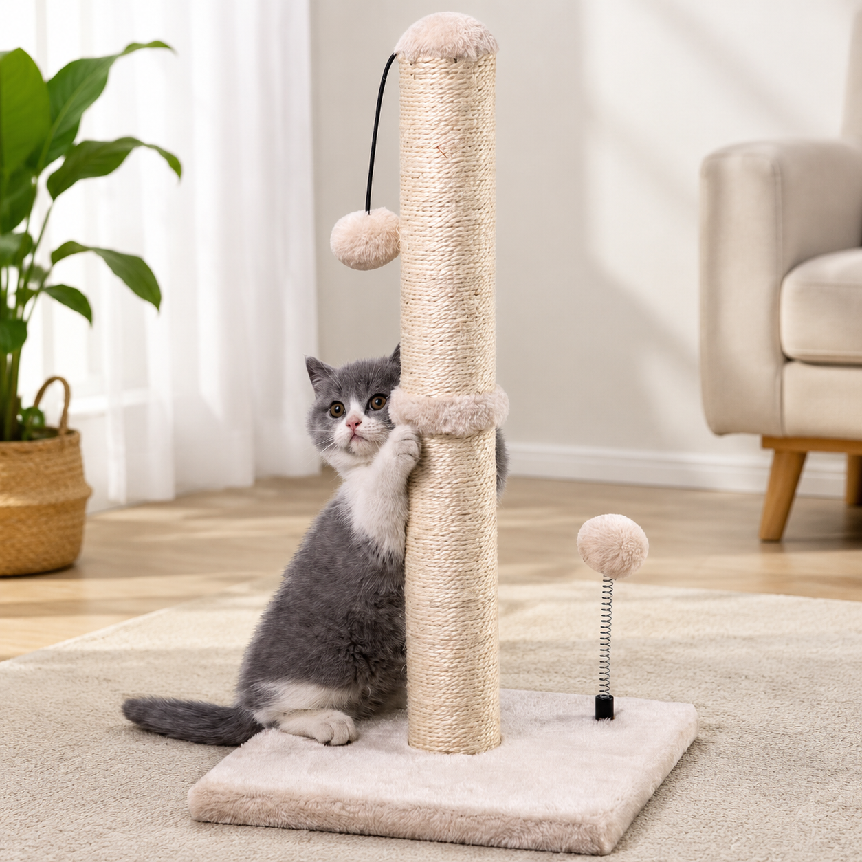 Cat Scratching Post for Kittens – Sisal Scratcher with Hanging Ball, Beige