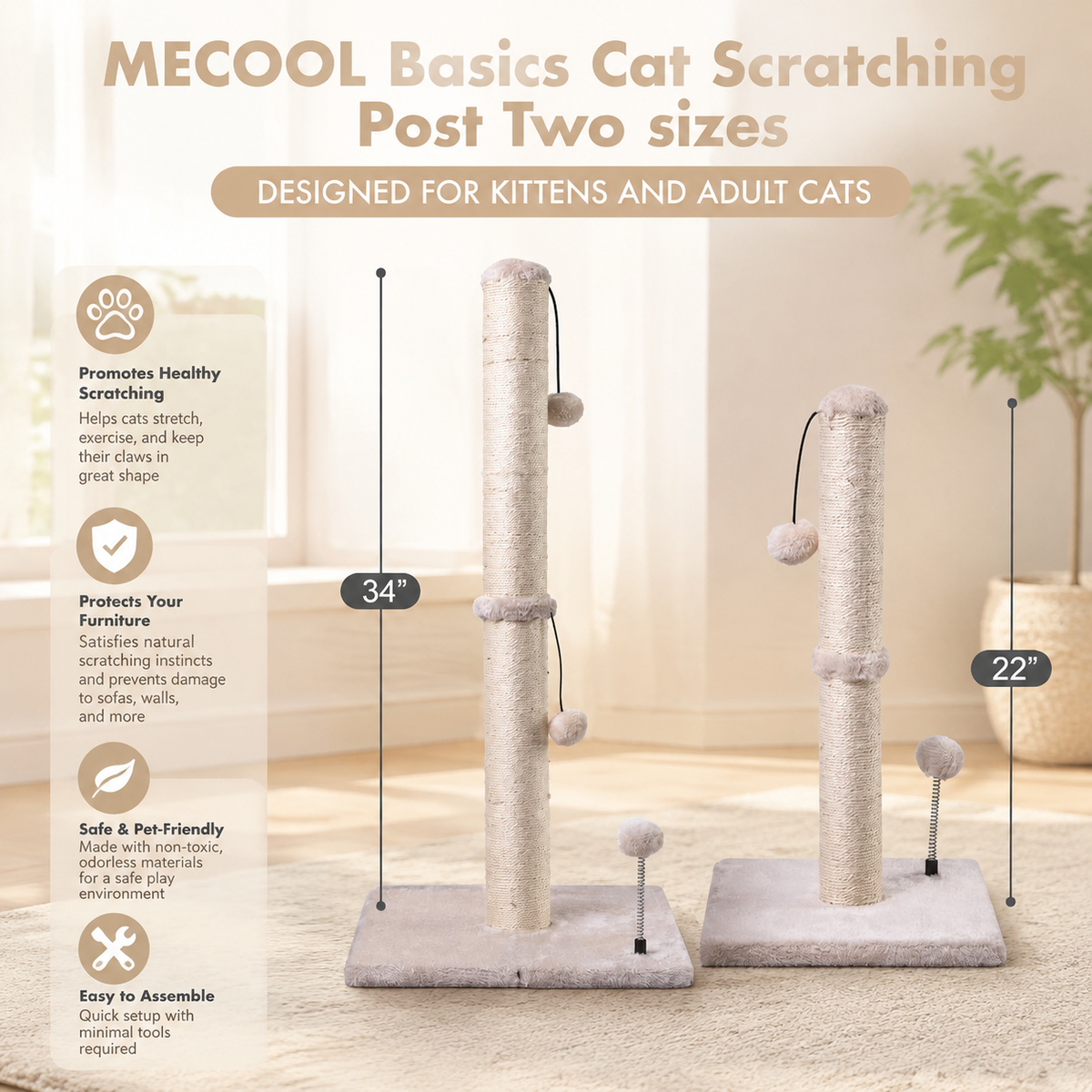 Cat Scratching Post for Kittens – Sisal Scratcher with Hanging Ball, Beige