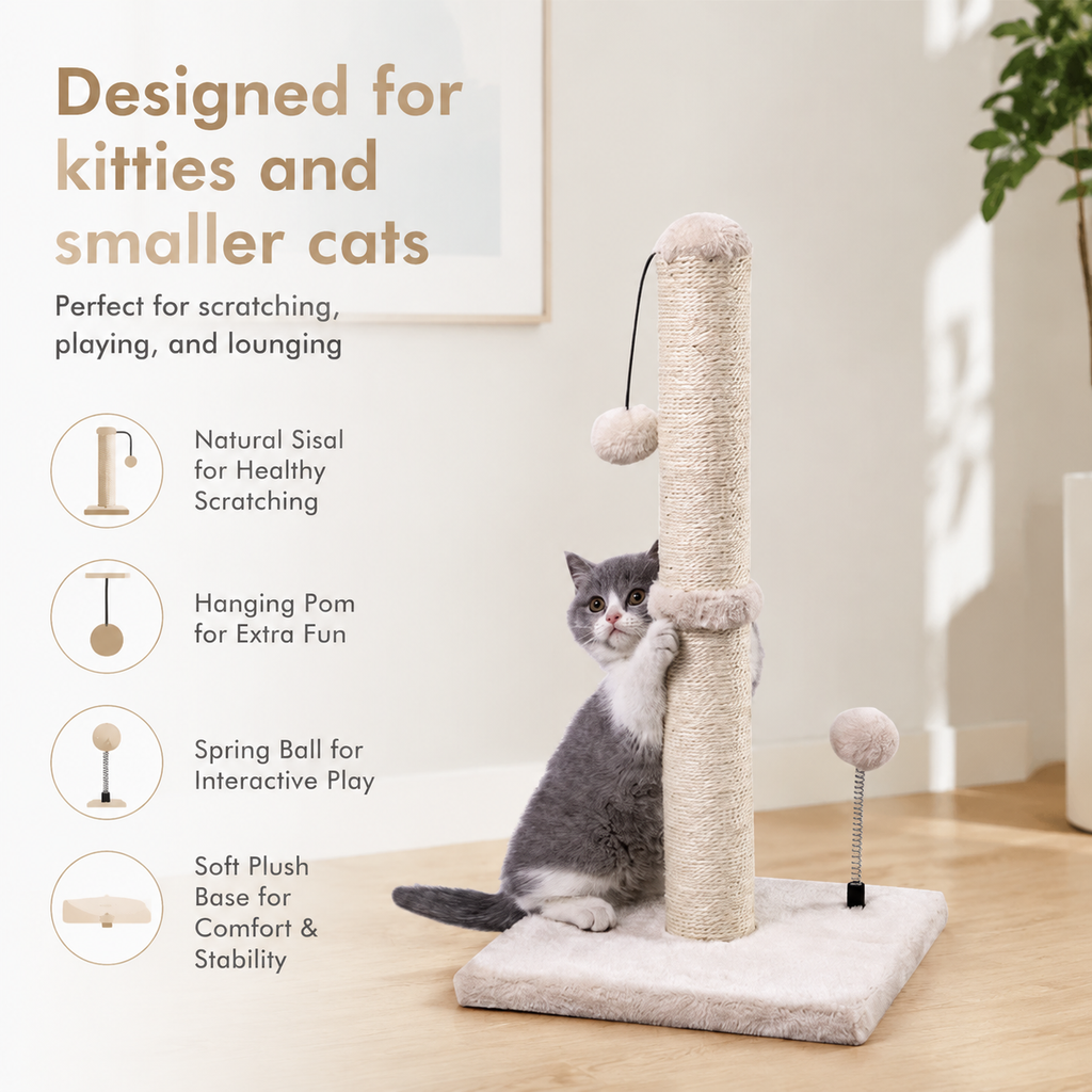 Cat Scratching Post for Kittens – Sisal Scratcher with Hanging Ball, Beige