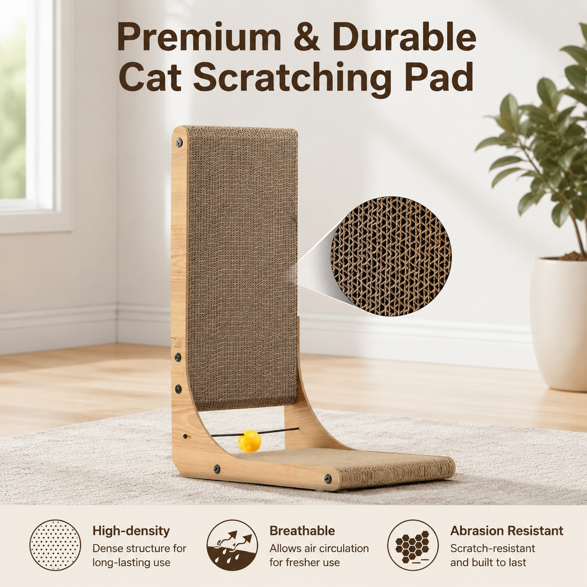 L-Shaped Cat Scratcher – Cardboard Scratch Pad with Toy Ball for Indoor Cats