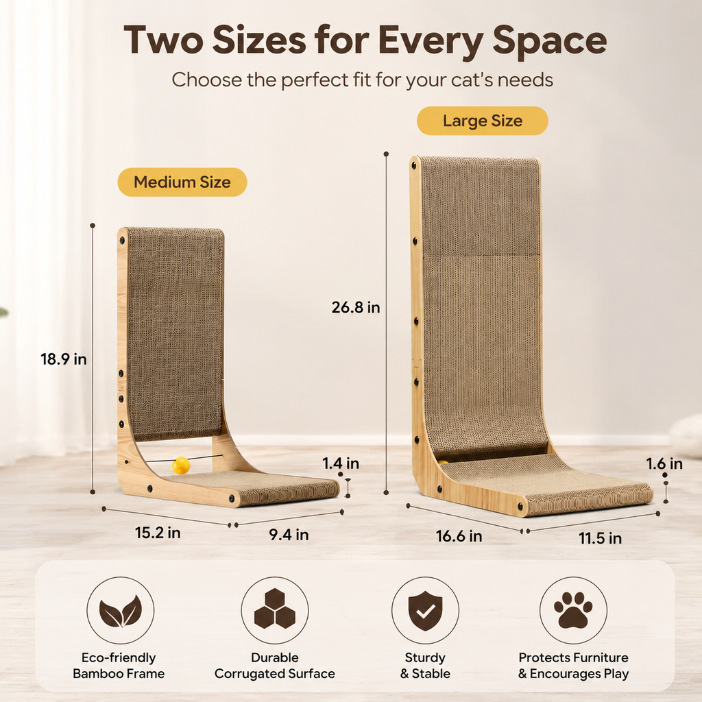 L-Shaped Cat Scratcher – Cardboard Scratch Pad with Toy Ball for Indoor Cats