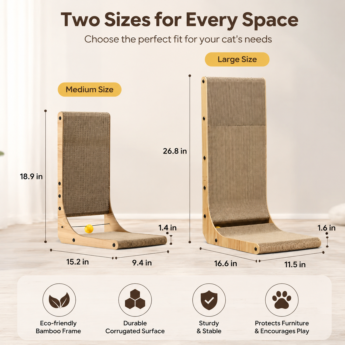 L-Shaped Cat Scratcher – Cardboard Scratch Pad with Toy Ball for Indoor Cats