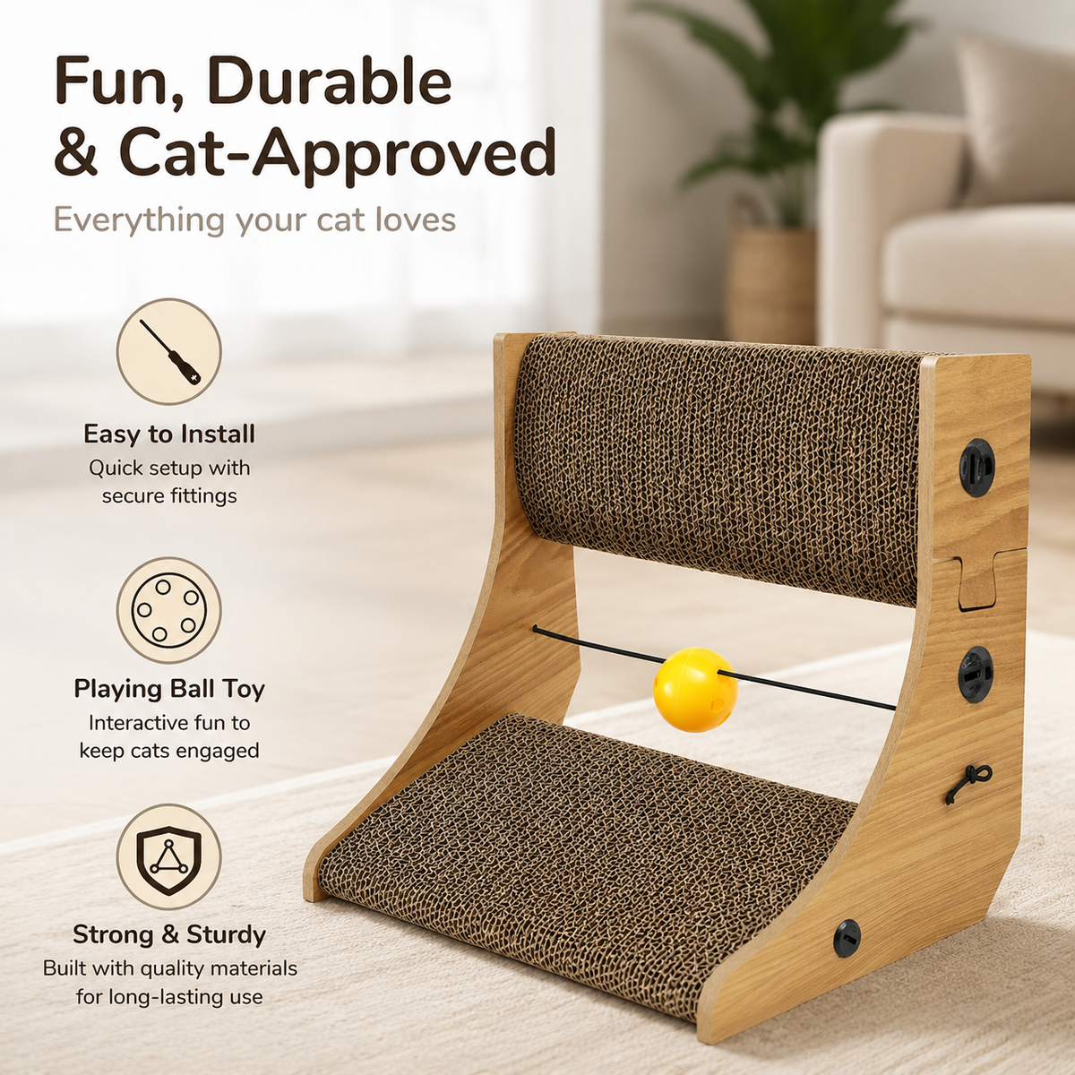 L-Shaped Cat Scratcher – Cardboard Scratch Pad with Toy Ball for Indoor Cats