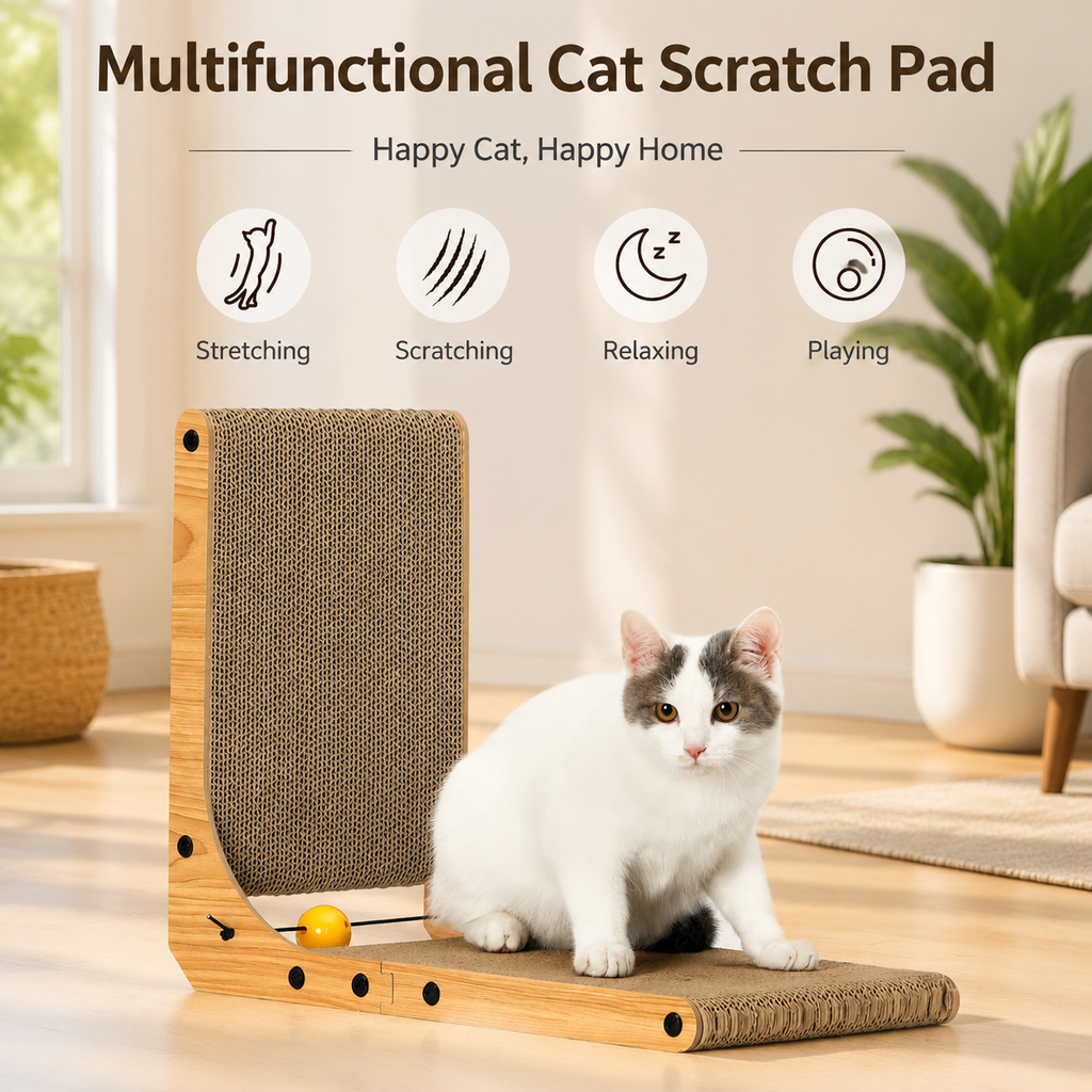 L-Shaped Cat Scratcher – Cardboard Scratch Pad with Toy Ball for Indoor Cats
