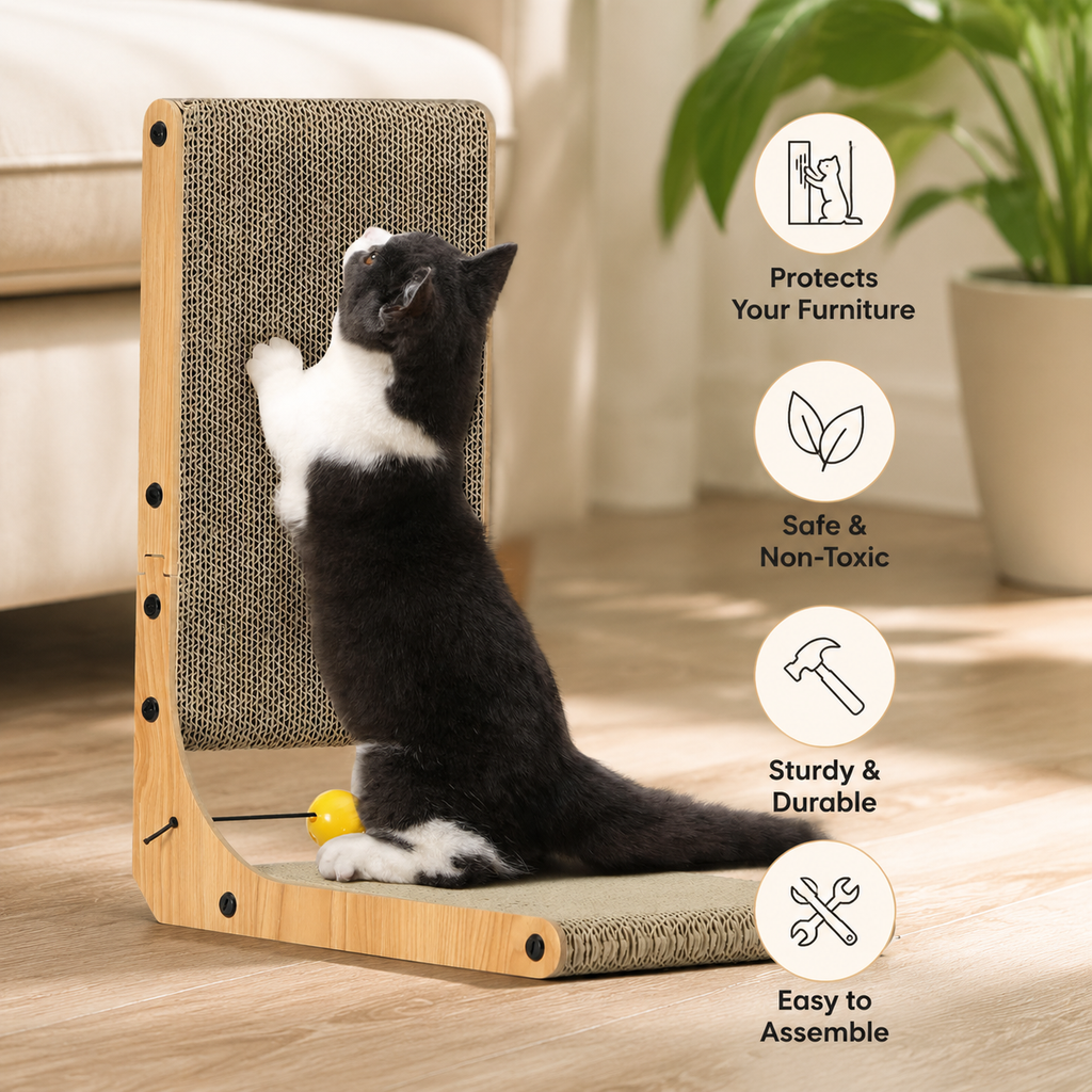 L-Shaped Cat Scratcher – Cardboard Scratch Pad with Toy Ball for Indoor Cats