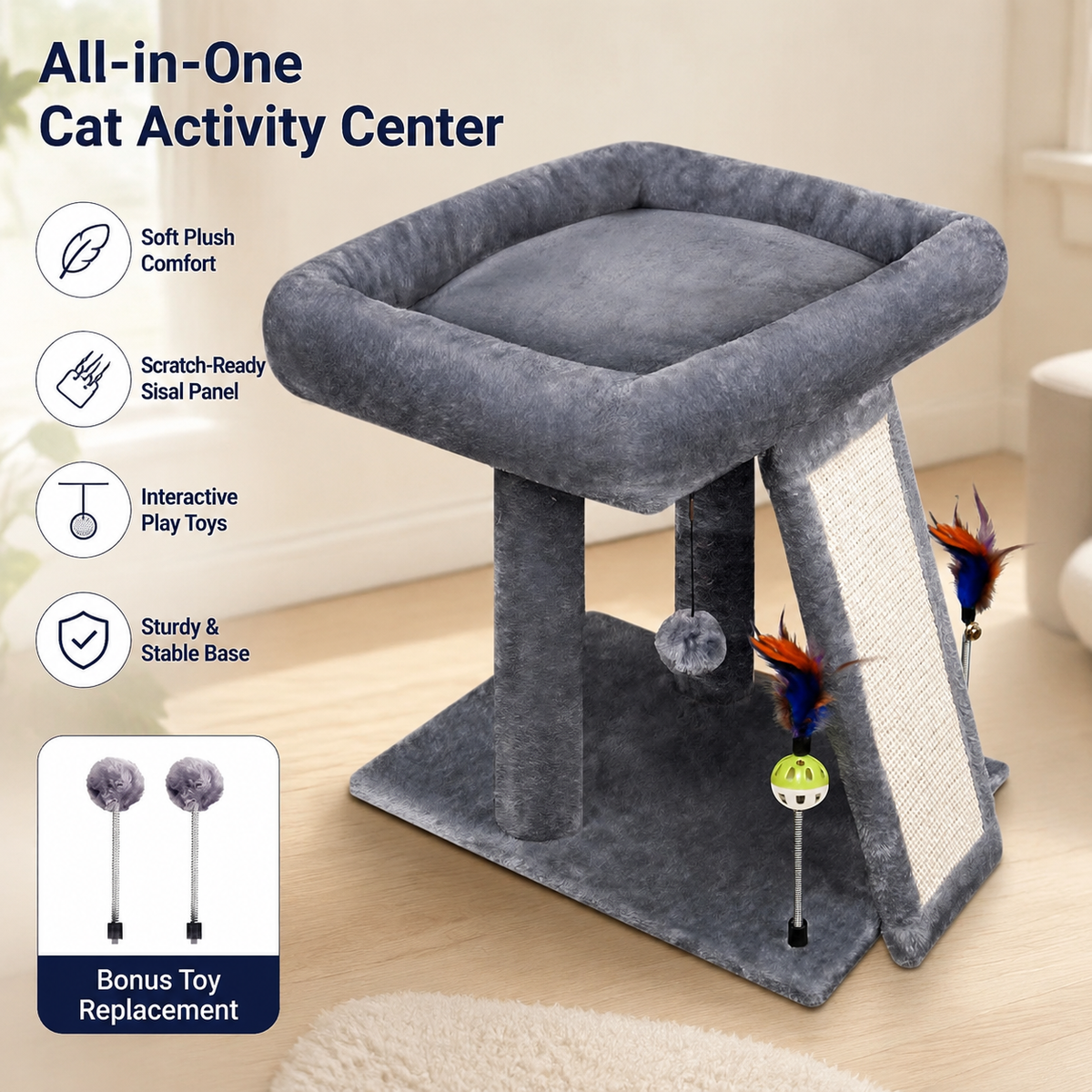 2-Tier Cat Tree with Scratching Post & Toy Balls – 17.7" Indoor Cat Tower