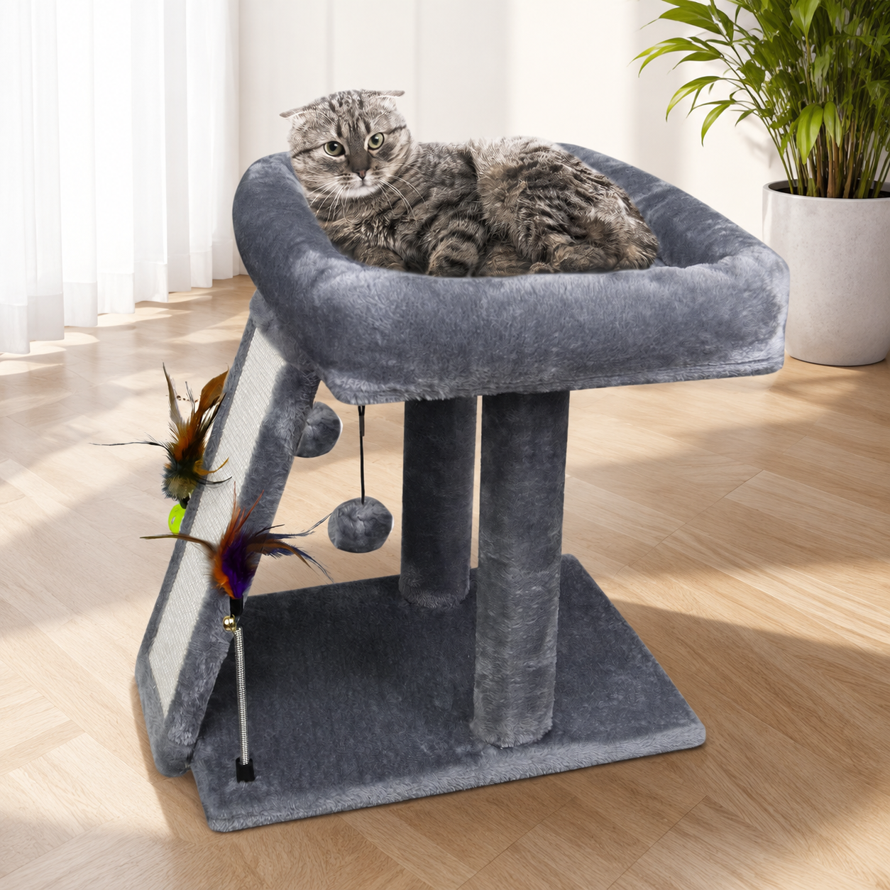 2-Tier Cat Tree with Scratching Post & Toy Balls – 17.7" Indoor Cat Tower