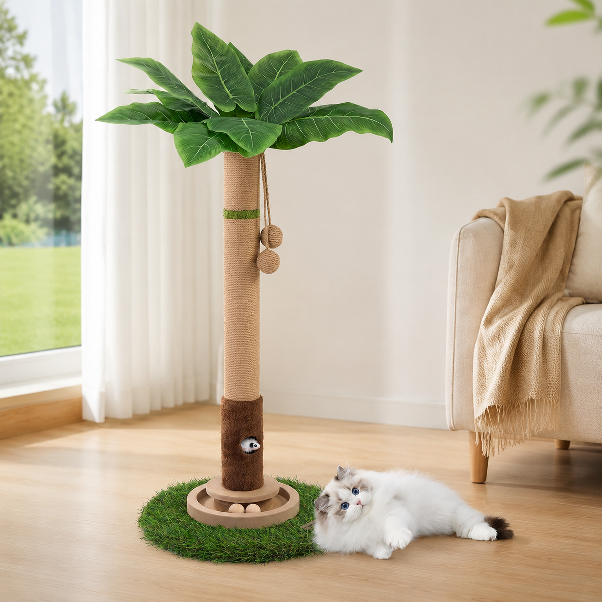 Tall Cat Scratching Post for Indoor Cats – Cat Scratcher Tree with Interactive Toys
