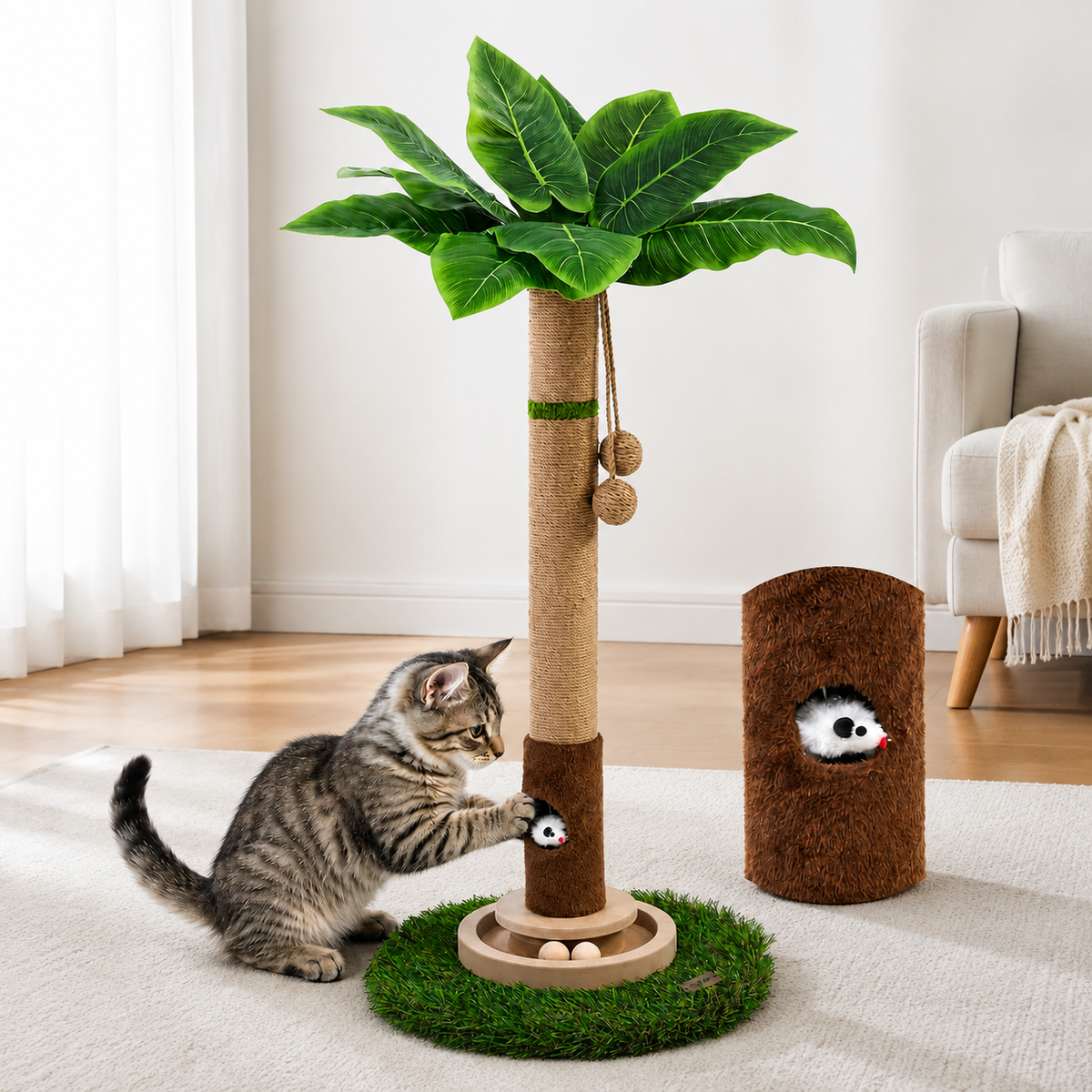 Tall Cat Scratching Post for Indoor Cats – Cat Scratcher Tree with Interactive Toys