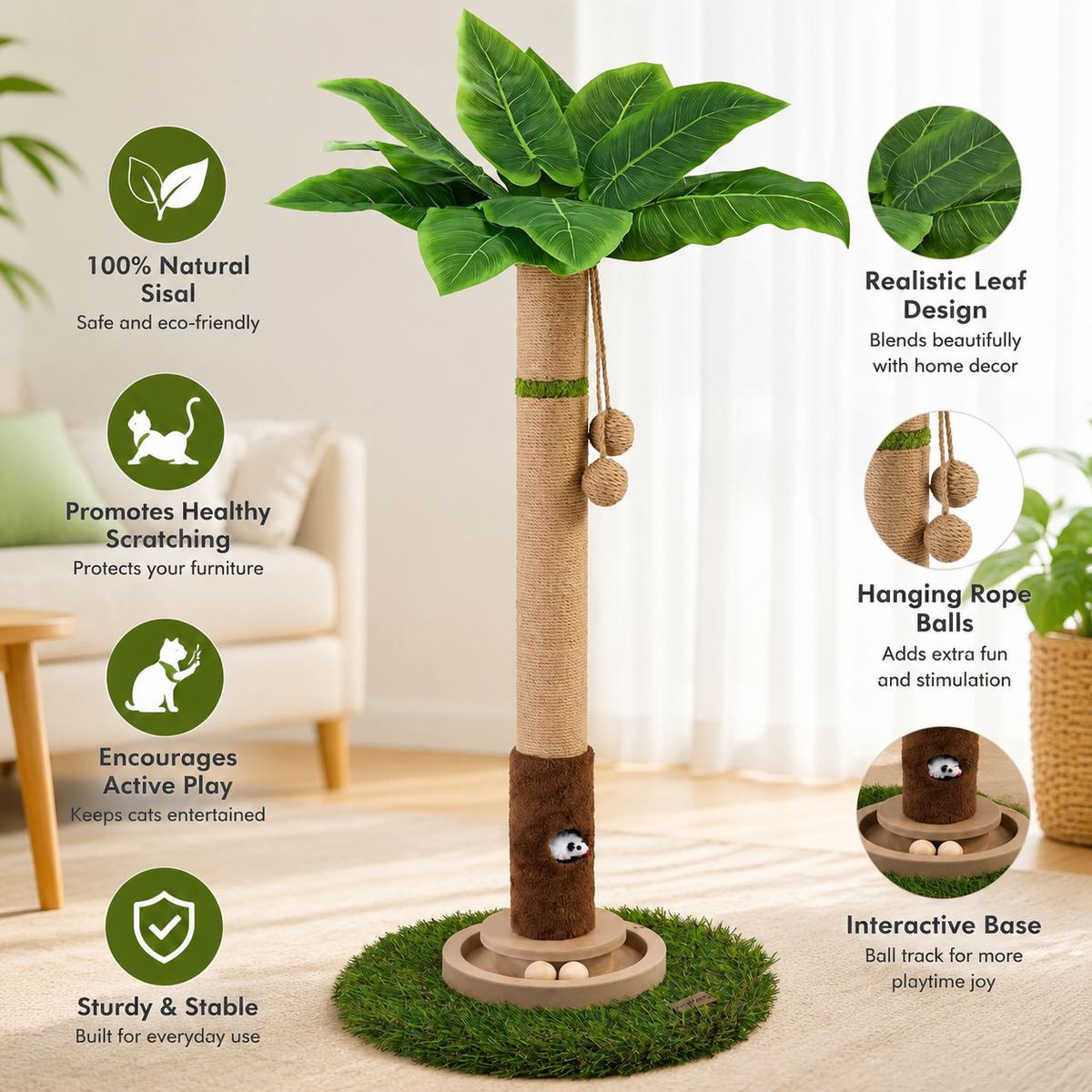 Tall Cat Scratching Post for Indoor Cats – Cat Scratcher Tree with Interactive Toys