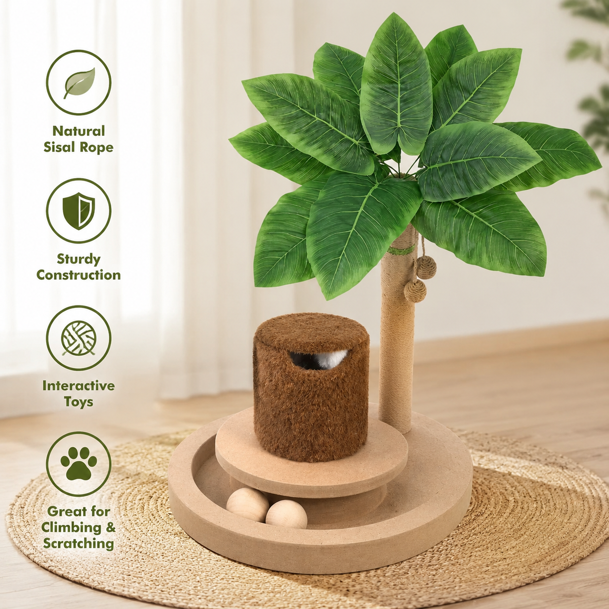 Tall Cat Scratching Post for Indoor Cats – Cat Scratcher Tree with Interactive Toys