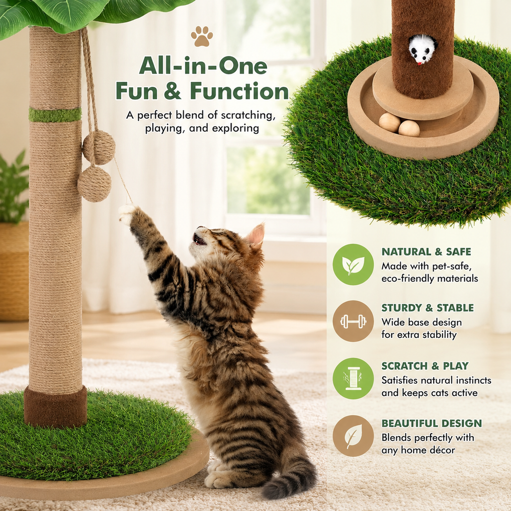 Tall Cat Scratching Post for Indoor Cats – Cat Scratcher Tree with Interactive Toys
