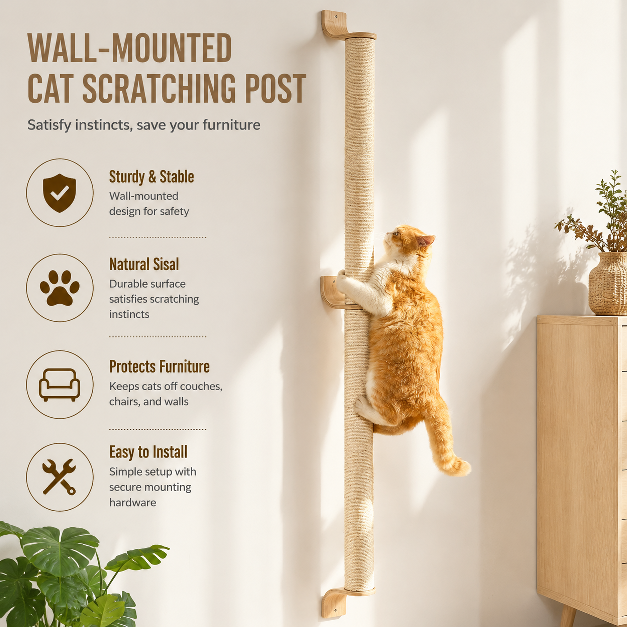 60" Tall Wall-Mounted Cat Scratching Post – Sisal Climbing Scratcher for Indoor Cats