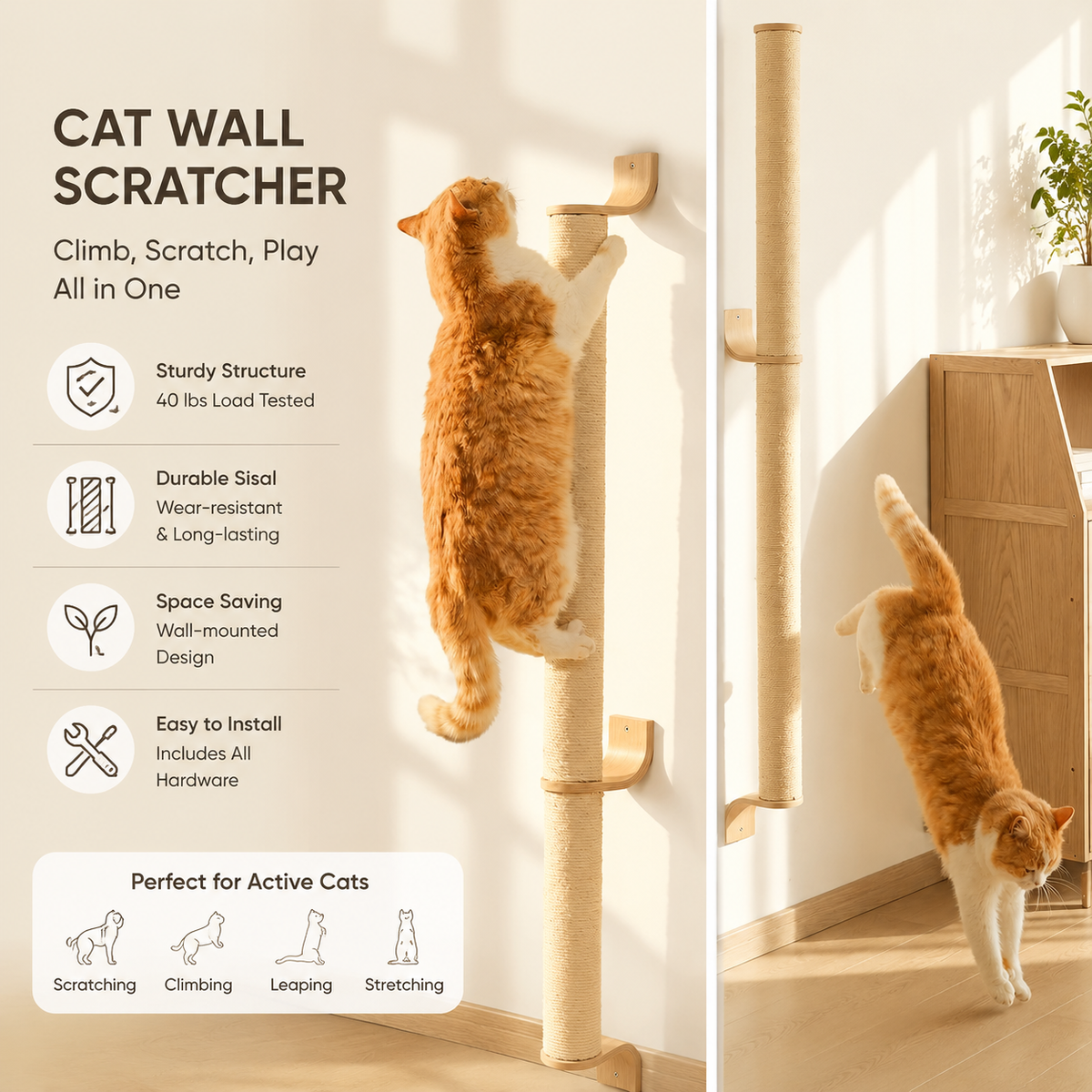 60" Tall Wall-Mounted Cat Scratching Post – Sisal Climbing Scratcher for Indoor Cats