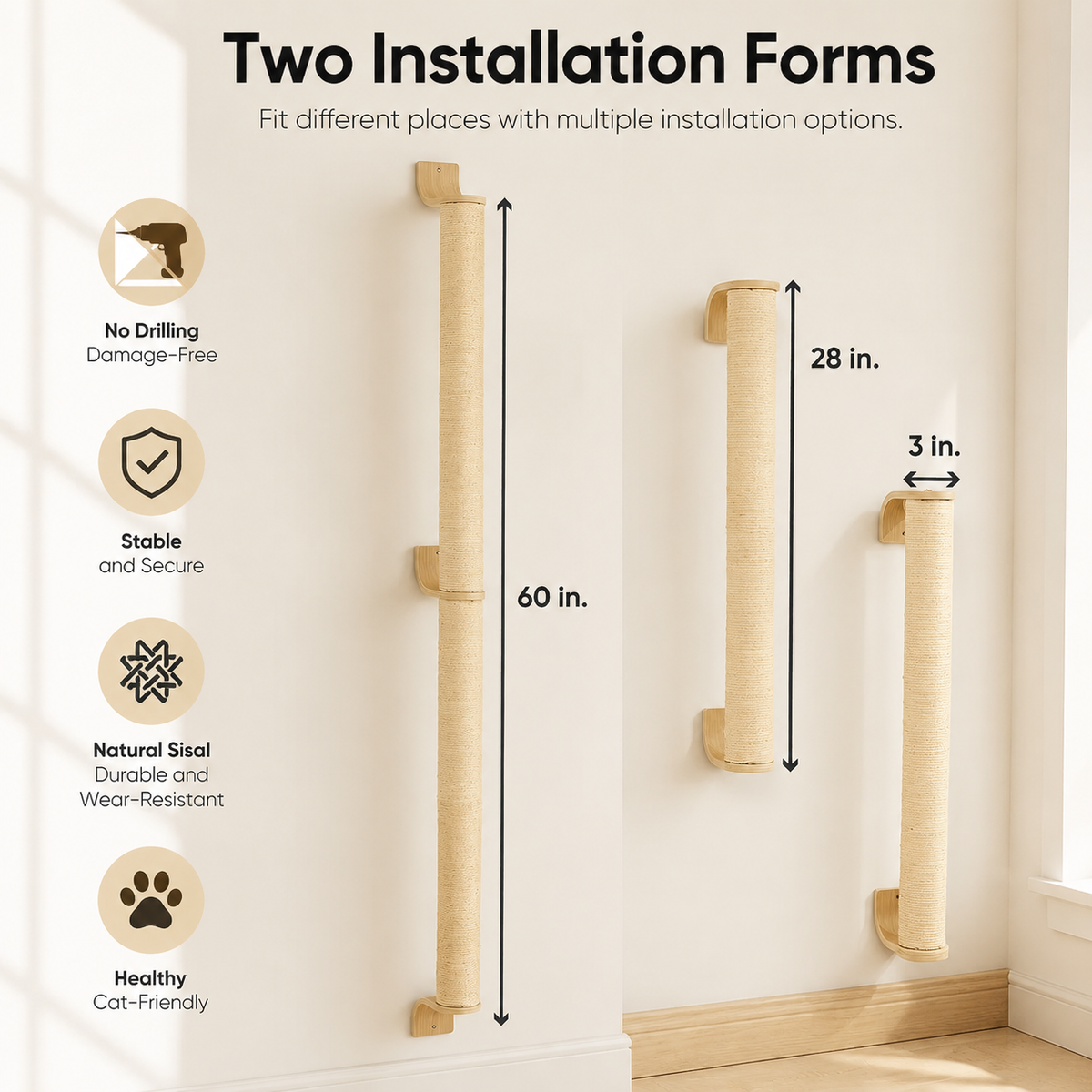 60" Tall Wall-Mounted Cat Scratching Post – Sisal Climbing Scratcher for Indoor Cats