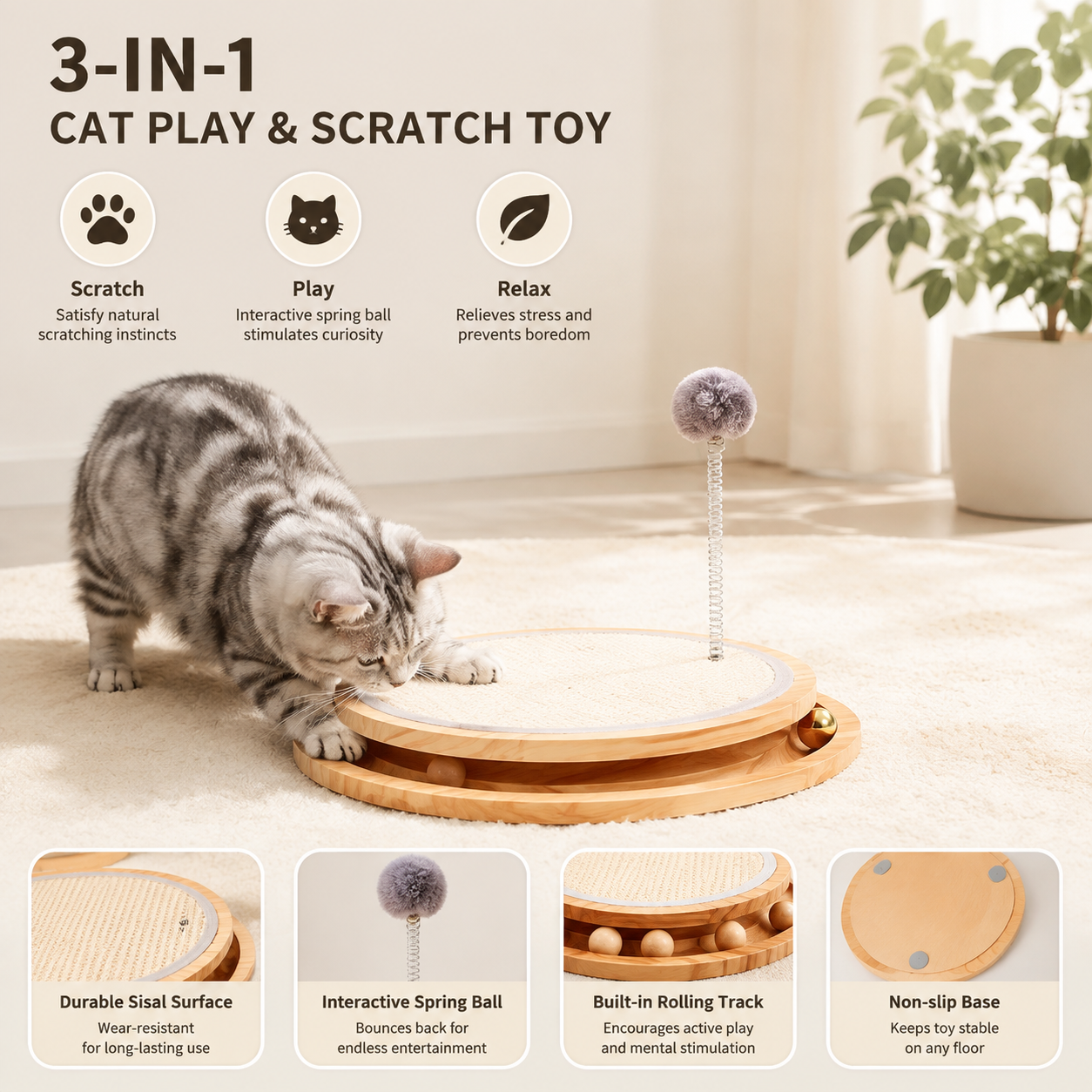 Natural Sisal Cat Scratcher with Ball Track – Interactive Scratching Toy for Cats