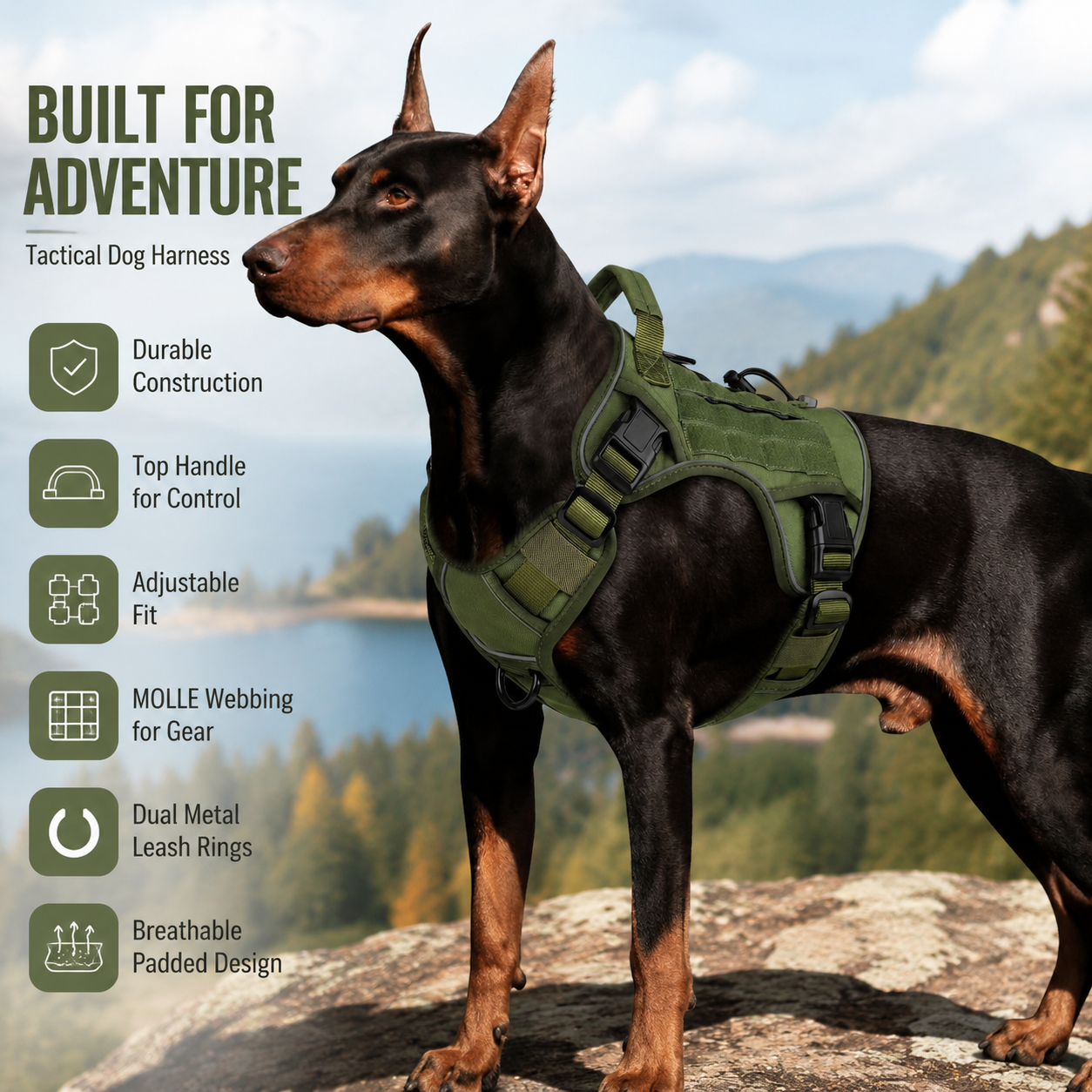 Tactical Dog Harness for Large Dogs – Adjustable No Pull Harness with Handle