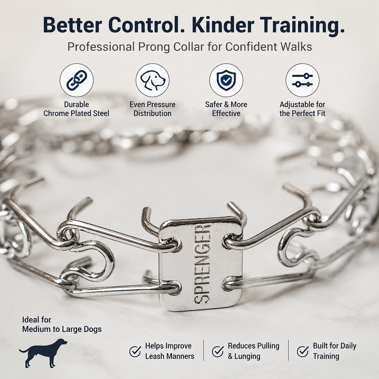 2.25mm Prong Dog Training Collar – Adjustable 14" Chrome-Plated Steel Pinch Collar
